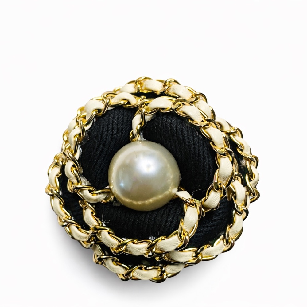 Classic Black & Gold Camellia Brooch | Elegant Pearl Accent
